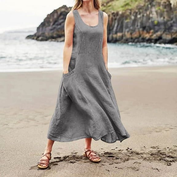 Horkkom Maxi Dresses for Women 2025 Plus Size Solid Color V Neck Sleeveless Linen Dress Casual Loose Flowy Long Dresses with Pockets Gray M