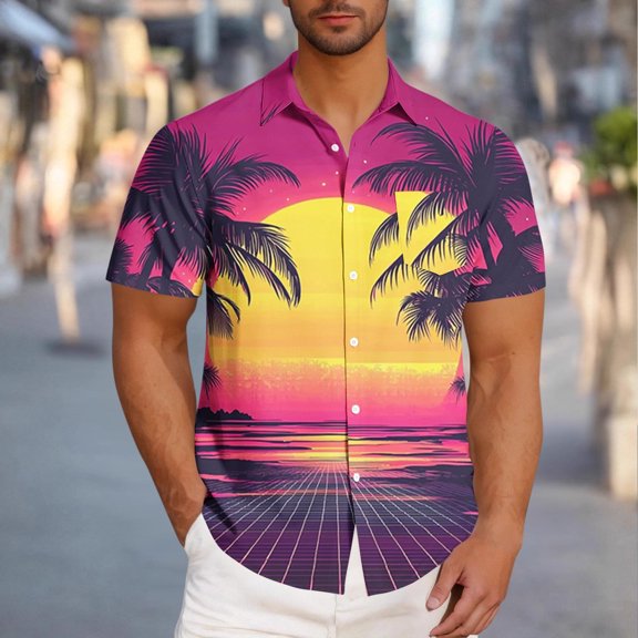 Horkkom Mens Shirts Short Sleeve Summer Hawaiian Print Beach Shirts Loose Casual Button Up Shirt with Pocket