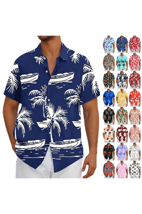 Mens Shirts Short Sleeve Summer Hawaiian Print Beach Shirts Outdoor Casual Loose Button Up Shirt