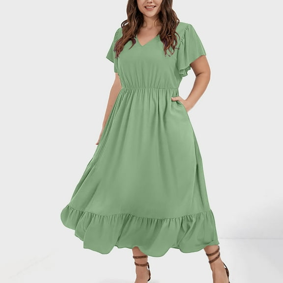 Horkkom Midi Dresses for Women Summer Casual Plus Size Dresses Solid Color V Neck A Line Dresses Pleated Short Sleeve Dress with Pockets Green 3XL