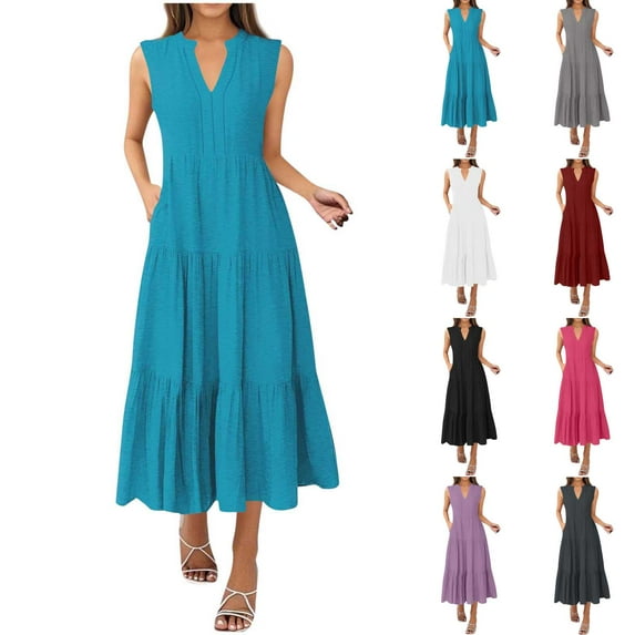 Horkkom Midi Dresses for Women Summer Casual A Line Dresses Solid Color V Neck Sleeveless Dress Beach Vacasion Pleated Dress Blue L