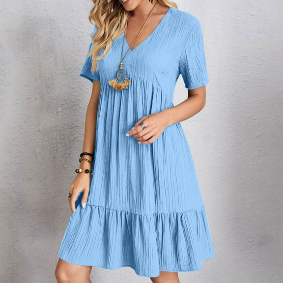 Horkkom Mini Dresses for Women Summer Casual Short Sleeve Dress A Line V Neck Sundresses Lightweight Beach Dresses Blue M