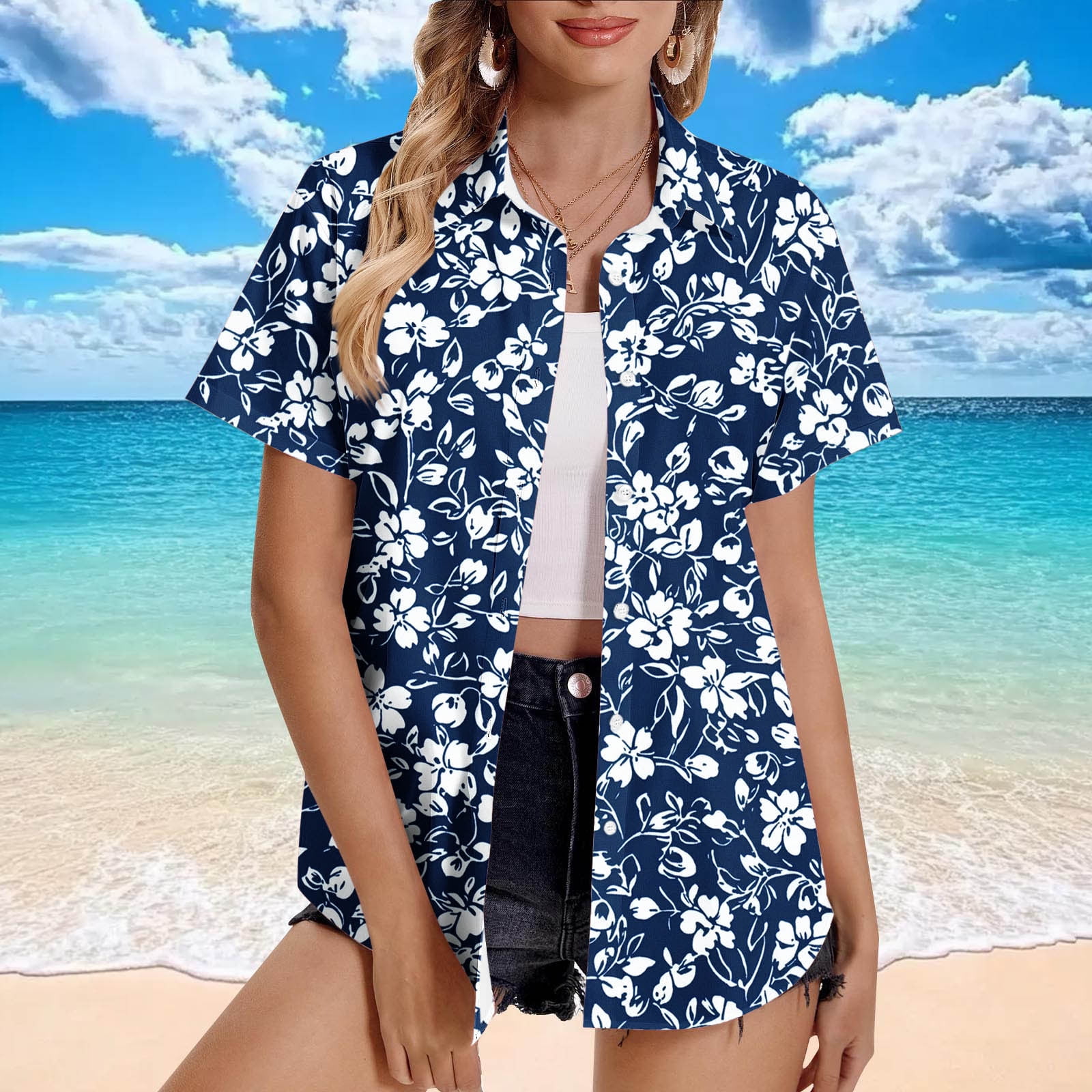 Horkkom Plus Size Button Down Shirts for Women Floral Print V Neck ...