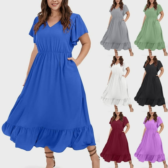 Horkkom Plus Size Dresses for Women Summer Casual Midi Dresses Solid Color V Neck A Line Dresses Pleated Short Sleeve Dress with Pockets Blue L
