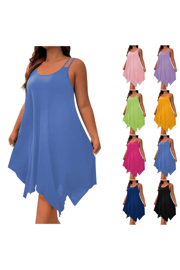 Plus Size Dresses for Curvy Women Casual Beach Midi Dresses Summer Sleeveless V Neck Solid Color Sundresses Blue 2XL