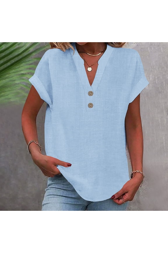 Plus Size Tops for Women V Neck Short Sleeve Linen Shirts Summer Loose Pullover Button Down Shirt Blue L