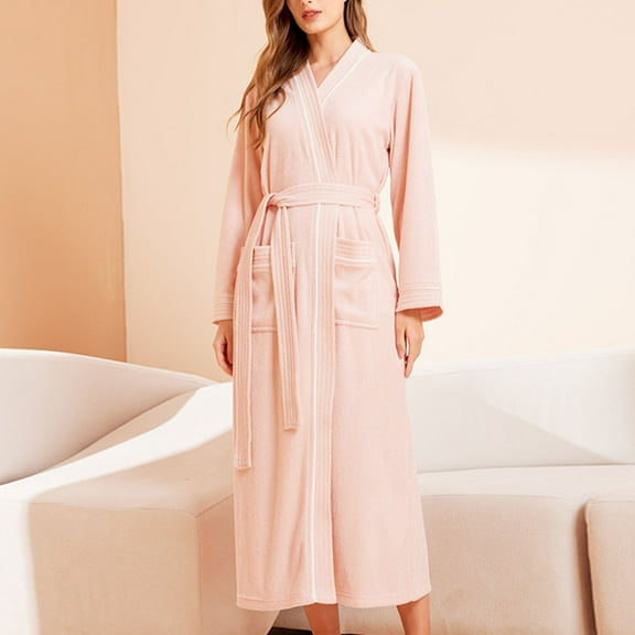 Horkkom Robes for Women Plus Size Thin V Neck Bathrobe Lightweight Soft Long Slevee Color Block Nightgowns With Pockets(M,XL,3XL), Gifts for Women