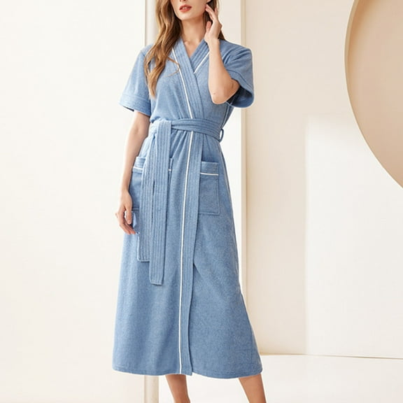 Horkkom Robes for Women Plus Size Thin V Neck Bathrobe Lightweight Soft Short Slevee Color Block Nightgowns With Pockets(M,XL,3XL), Gifts for Women