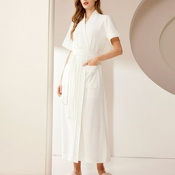 Horkkom Robes for Women Plus Size Thin V Neck Bathrobe Lightweight Soft Short Slevee Color Block Nightgowns With Pockets(M,XL,3XL), Gifts for Women