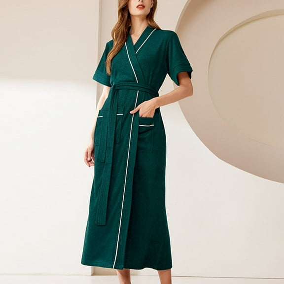 Horkkom Robes for Women Plus Size Thin V Neck Bathrobe Lightweight Soft Short Slevee Color Block Nightgowns With Pockets(M,XL,3XL), Gifts for Women