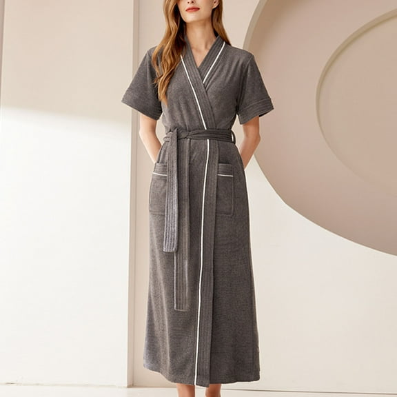 Horkkom Robes for Women Plus Size Thin V Neck Bathrobe Lightweight Soft Short Slevee Color Block Nightgowns With Pockets(M,XL,3XL), Gifts for Women