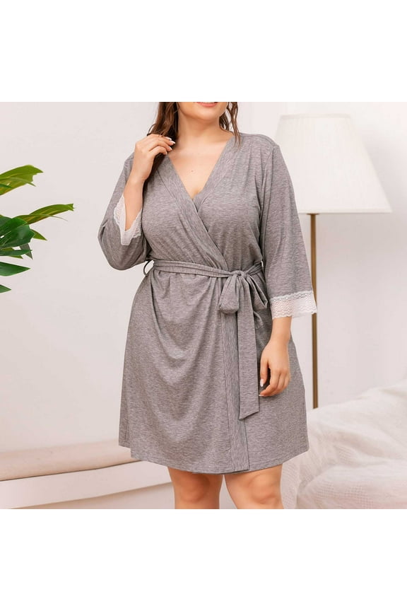 Robes for Women Plus Size Thin V Neck Lace Bathrobe Lightweight Soft Long Slevee Short Nightgowns(XL-5XL), Gifts for Women