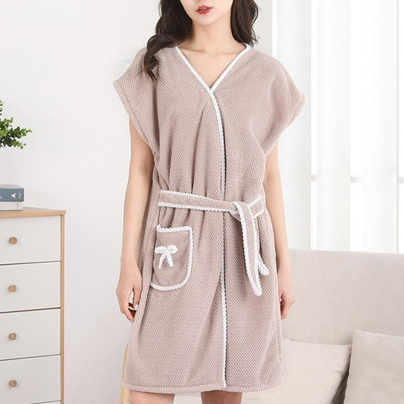 Horkkom Robes for Women Plush Short Cinched Waist Strapped Bathrobe V Neck Soft Color Block Nightgowns With Pocket, Gifts for Women