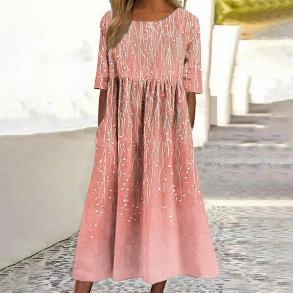 Horkkom Shirt Dresses for Women Summer Short Sleeve Floral Dress Casual Crew Neck Maxi Dresses with Pockets Orange 2XL