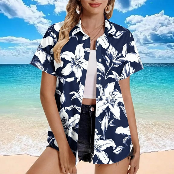 Horkkom Short Sleeve Button Up Women Floral Print V Neck Plus Size Cardigan Summer Vacation Hawaiian Shirts Blue 2XL