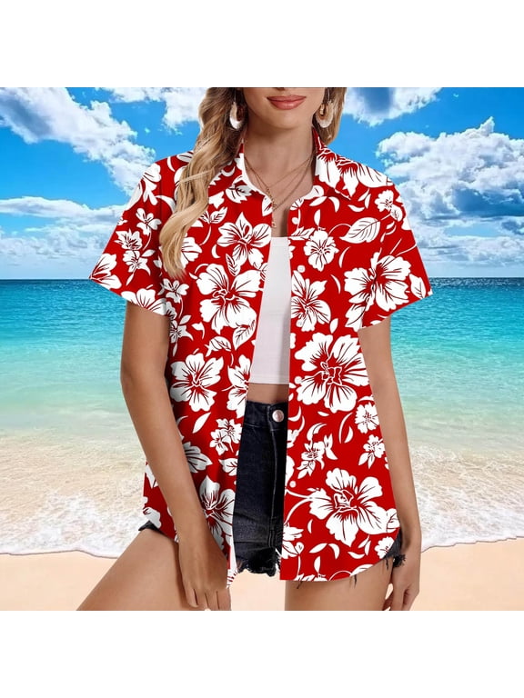 Short Sleeve Button Up Women Floral Print V Neck Plus Size Cardigan Summer Vacation Hawaiian Shirts Red 2XL