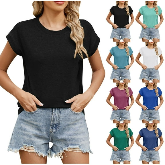 Horkkom Short Sleeve Shirts for Women Casual Crewneck T Shirts Summer Spring Basic Black Tees, Gifts for Women