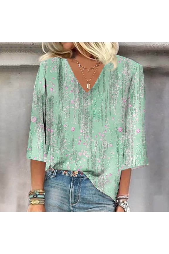 Short Sleeve Shirts for Women Summer Casual Loose T Shirts V Neck Floral Print Tops L