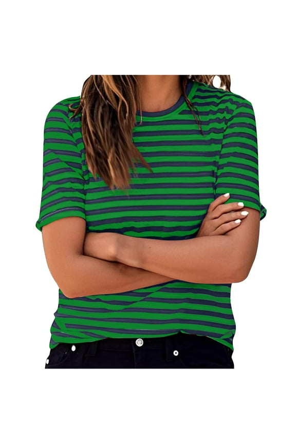 Short Sleeve Shirts for Women Summer Striped Print T Shirts Casual Soft Comfy Crewneck Tops Green XL