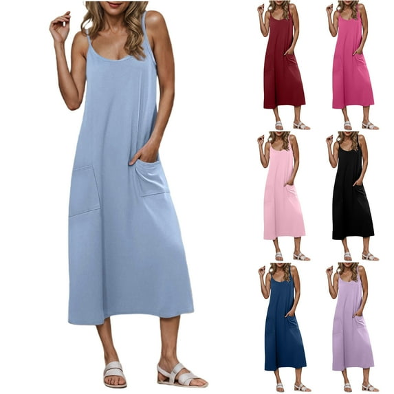 Horkkom Sleeveless Dress for Women V Neck Solid Color Midi Dresses with Pocket Casual Slip Dress Blue L