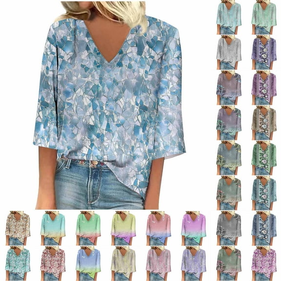 Horkkom T Shirts for Women Summer Casual Short Sleeve Shirts V Neck Color Block Print Tops L