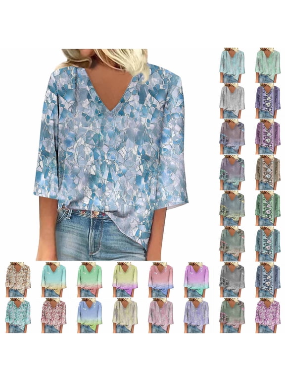 T Shirts for Women Summer Casual Short Sleeve Shirts V Neck Color Block Print Tops L