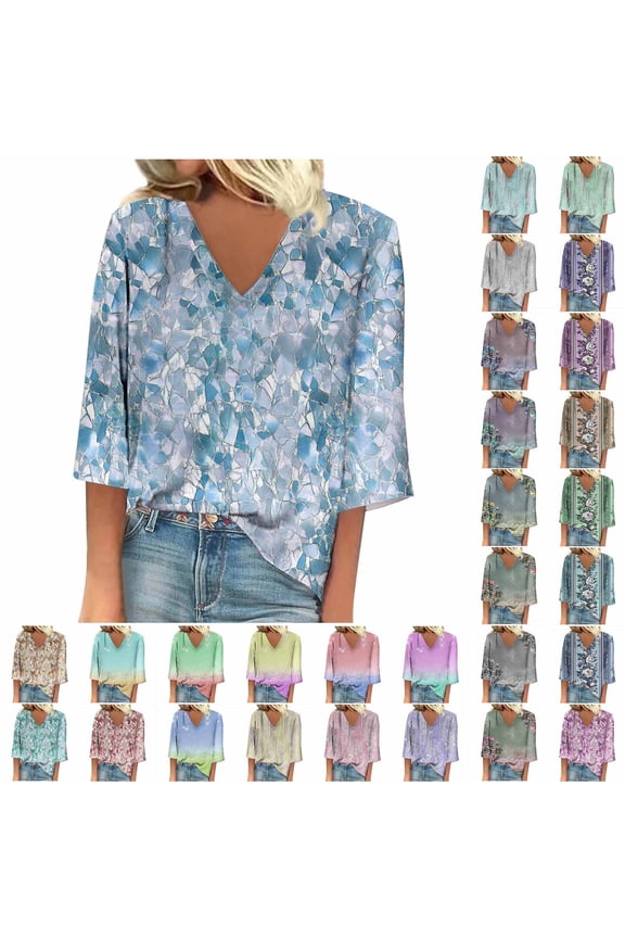 T Shirts for Women Summer Casual Short Sleeve Shirts V Neck Color Block Print Tops L