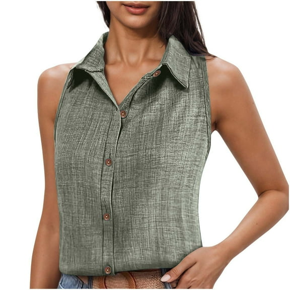 Horkkom Tank Top for Women Sleeveless Collared V Neck Button Up Shirts Summer Casual Work Solid Color Shirts
