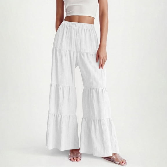 Horkkom Wide Leg Pants Woman Casual High Waisted Ruffle Pants Summer Loose Solid Color Beach Pants