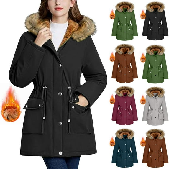 Horkkom Winter Coats for Women Thicken Hooded Zip Jackets Warm Snow Solid Color Jacket with Pockets, Gifts for Women