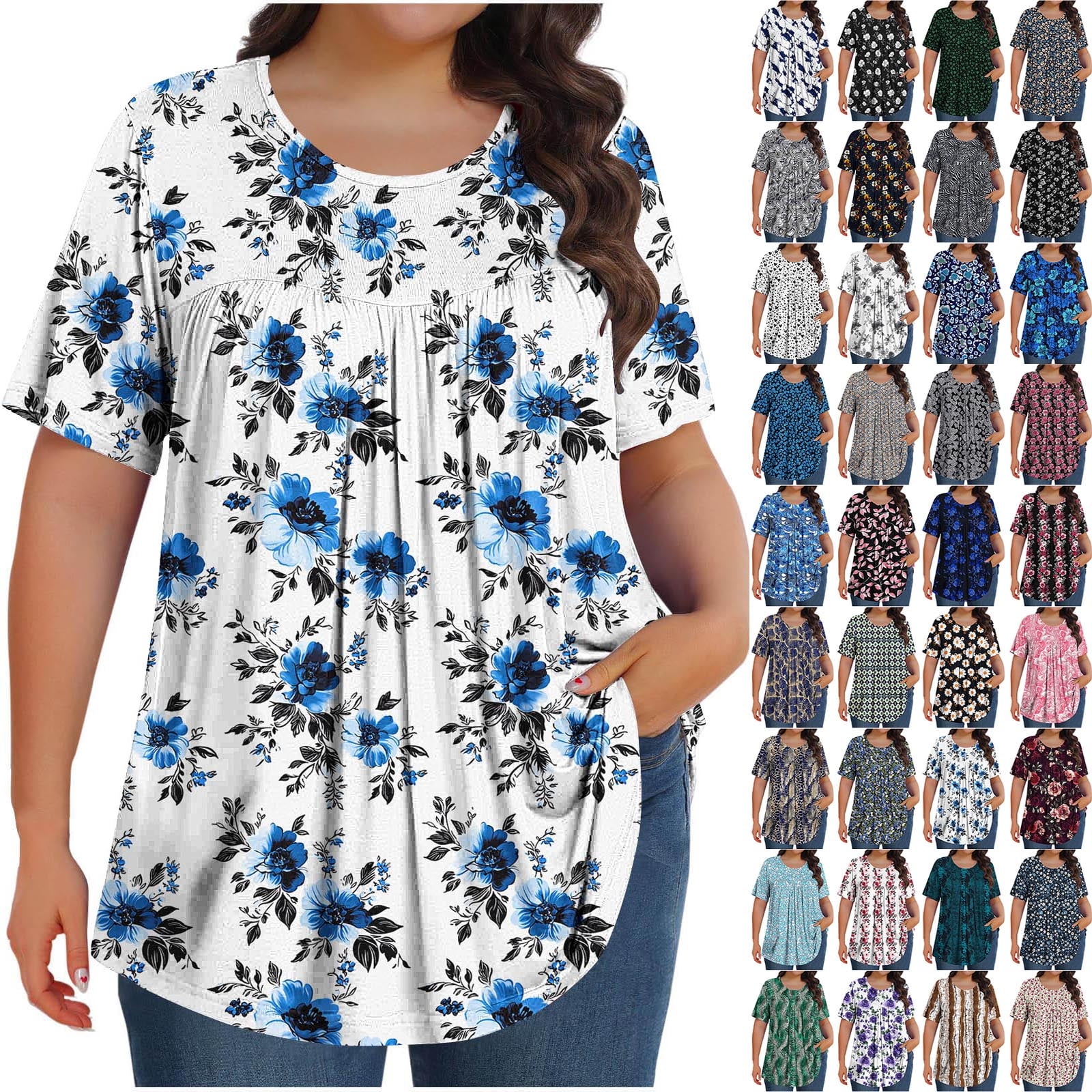Horkkom Womens Summer Tops Plus Size Floral Print Short Sleeve Pleated ...