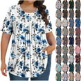 thumbnail image 1 of Horkkom Womens Summer Tops Plus Size Floral Print Short Sleeve Pleated Tunic Tops Casual Loose Crew Neck Blouses L, 1 of 8