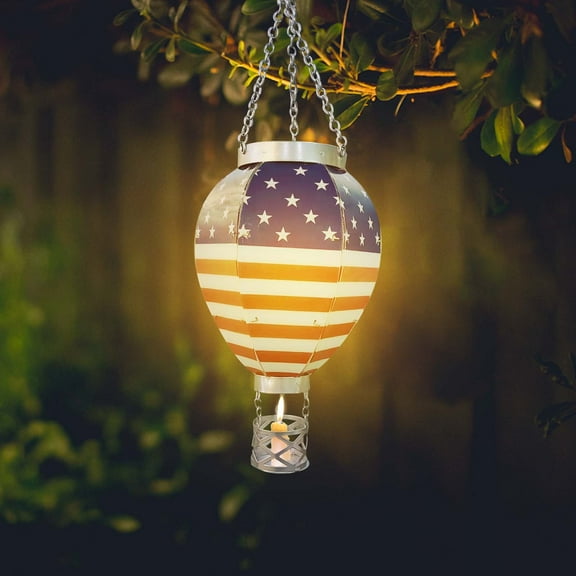 Clearance!Hot Air Balloon Solar Lantern, Flickering Flame Light Outdoor Solar Hanging Lights, Waterproof for Garden Yard Farmhouse Patio Pathway Outside Independence Day Decoration,Glass, Flag