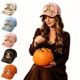 thumbnail image 1 of Clearance Hotyverty Halloween Ghost Baseball Cap, Happy Haunting Patchwork Ghost Pumpkin Commemorative Vintage Baseball Cap Adjustable Cotton Dad Hat Halloween Gift for Women Men, Pink, 1 of 9