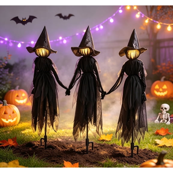 Clearance Hotyverty Halloween Witch Decorations Outdoor, 5FT Light Up Witch Stakes Set of 3 | Warm-color LED, Scary Witches Design, Halloween Yard Decor, For Lawn, Garden, Halloween Gift for Kidults