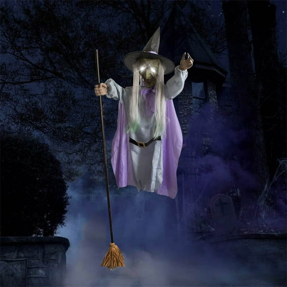 Clearance Hovering Witch Halloween Decor,Halloween Animatronic Witch, Realistic Flying Witch Broom, Yard Outdoor Decoration1.7M, LED Glowing Eyes, Adjustable Arms