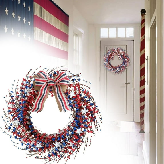 Clearance! Idyllic 18 Inch Patriotic Red White Blue Berries Leaves Wreath for Front Door Memorial Day Burlap Bow Wreath for Home Decor Independence Day Forth of July Wreath for Indoor and O
