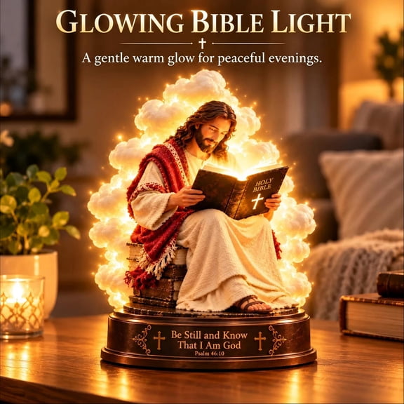 Clearance Illuminated Jesus Reading Bible Statue Desk Lamp, Resin Religious Tabletop Night Light with Scripture Base for Christmas Decor Gift
