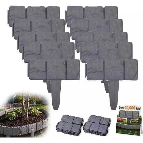 Clearance! Imitation Stone Garden Fence, Plastic Retaining Edging Border, Cobbled Effect Landscape Decor Interlocking Decorative Panels Flower Bed Path Lawn Outdoor Picket Yard Grass Edge (Grey, 1PC)