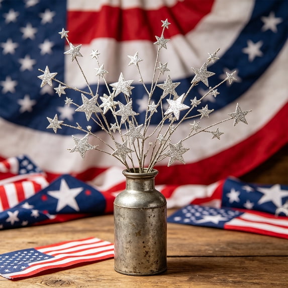 Clearance! Independence Day Star Model Branch Decor 12.99In for 4th Of July Party Vase Flower Pot Centerpiece Porch Entryway Table Memorial Day Veterans Day Patriotic Home Decor Mantel Shelf Tabletop