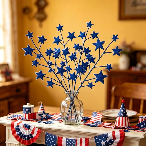 Clearance! Independence Day Star Model Branch Decor 12.99In for 4th Of July Party Vase Flower Pot Centerpiece Porch Entryway Table Memorial Day Veterans Day Patriotic Home Decor Mantel Shelf Tabletop