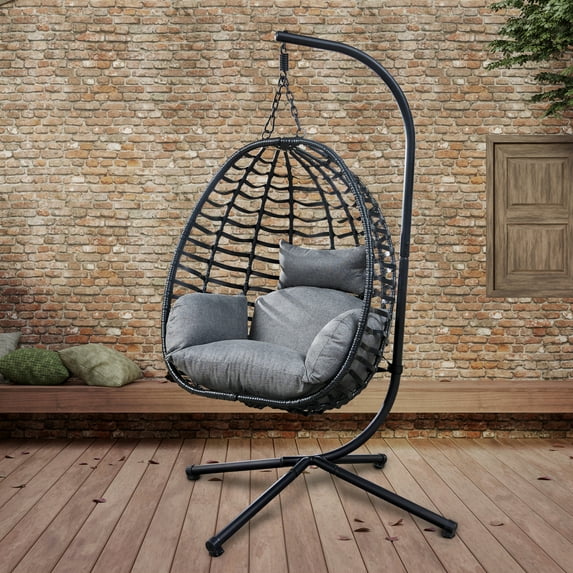 Clearance! Indoor Outdoor Patio Wicker Hanging Chair Swing Egg Basket Chairs with Stand UV Resistant Cushions 350lbs Capaticy for Patio Backyard Balcony
