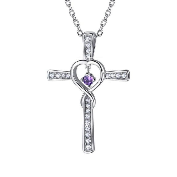 [Clearance] Infinity Cross Heart Necklace 925 Sterling Silver February Amethyst Birthstone Necklace for Women Cubic Zirconia Birthday Valentines Day Jewelry Gifts for Wife Girlfriend