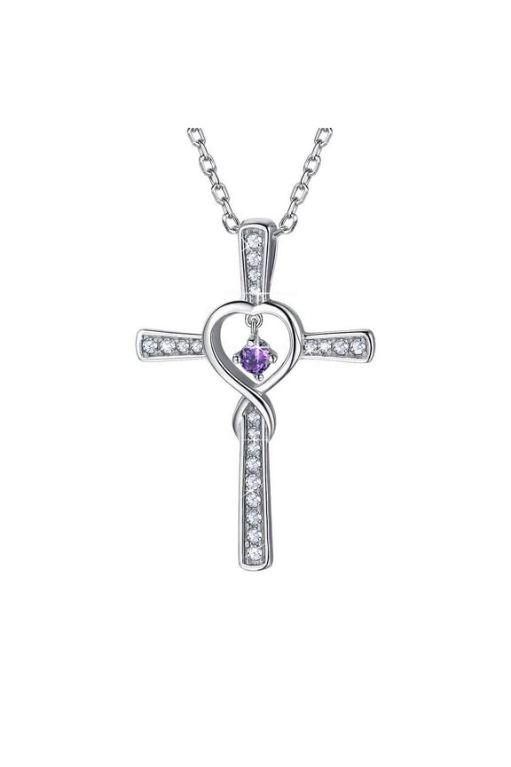 [Clearance] Infinity Cross Heart Necklace 925 Sterling Silver February Amethyst Birthstone Necklace for Women Cubic Zirconia Birthday Valentines Day Jewelry Gifts for Wife Girlfriend