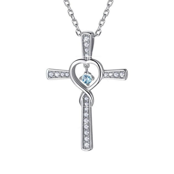 [Clearance] Infinity Cross Heart Necklace 925 Sterling Silver March Aquamarine Birthstone Necklace for Women Cubic Zirconia Birthday Christmas Jewelry Gifts for Wife Daughter
