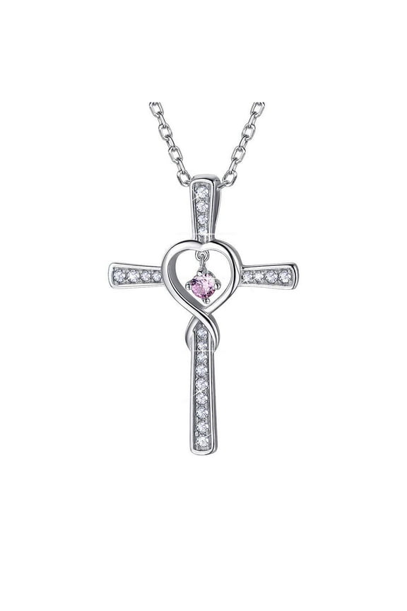 [Clearance] Infinity Cross Necklace 925 Sterling Silver October Pink Birthstone Necklace for Women Cubic Zirconia Birthday Christmas Jewelry Gifts for Girlfriend Daughter