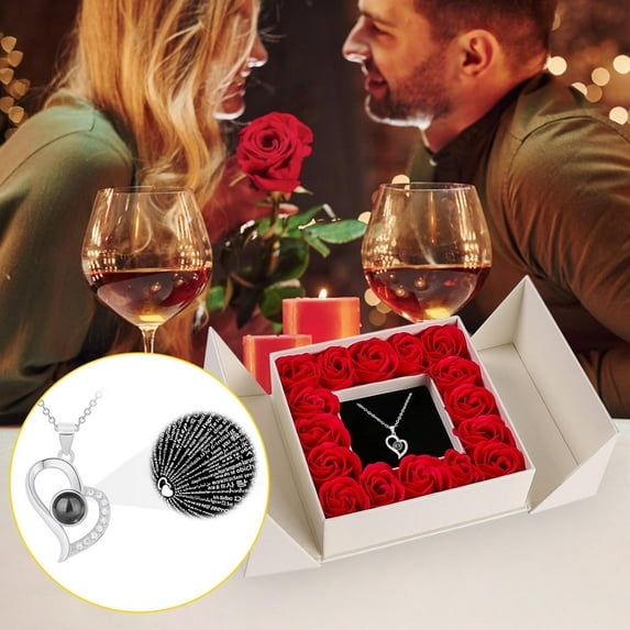 Clearance!Inside Personalized Photo I Love You Necklace Heart Projection Necklace with 100 languages Custom Birthday Romantic Gifts For Her Girlfriend Women (100 languages)