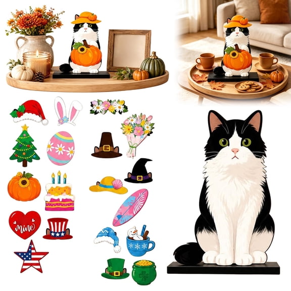 Clearance Interchangeable Seasonal Animal Wooden Decor Set, Figurines Holiday Tiered Tray Decoration with Hats, Cut Rustic Cats Themed Signs for Office Desk Table Home Room