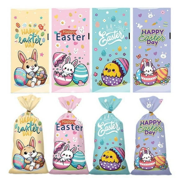 Clearance Items 50 Easter Candy Bags, Cute Bunny Print OPP Flat Pocket Packaging for Cookies & Snacks, Reusable Easter Treat Bags for Holiday, Party, & Gift Giving