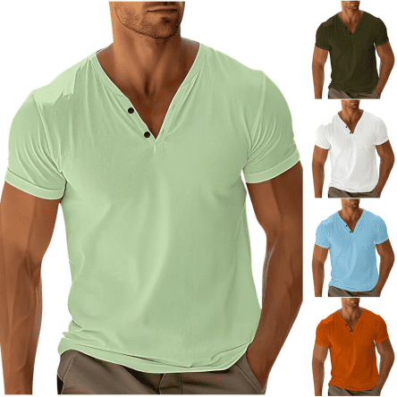 BiZtdJrK Henley Shirts for Men Casual Short Sleeve Cotton Tee Tops Solid Color Slim Muscle Fit Tshirts 2025 Summer Vacation Outfits Army Green XL